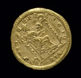 Goldsolidus (Rückseite) von Konstantin I. dem Großen (AD 306-337), der Fides zeigt, die links auf einem Thron sitzt. Inschrift: FIDES EXERCITVS. Geprägt in Trier